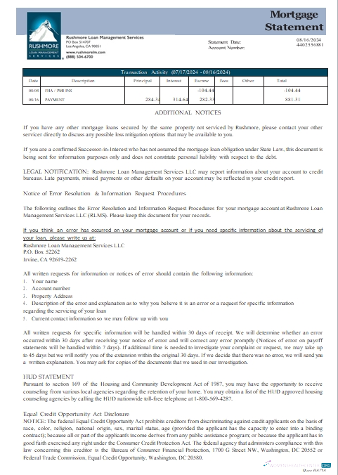 USA California Rushmore Loan Management Services LLC mortgage statement, 3 pages, 3 scr